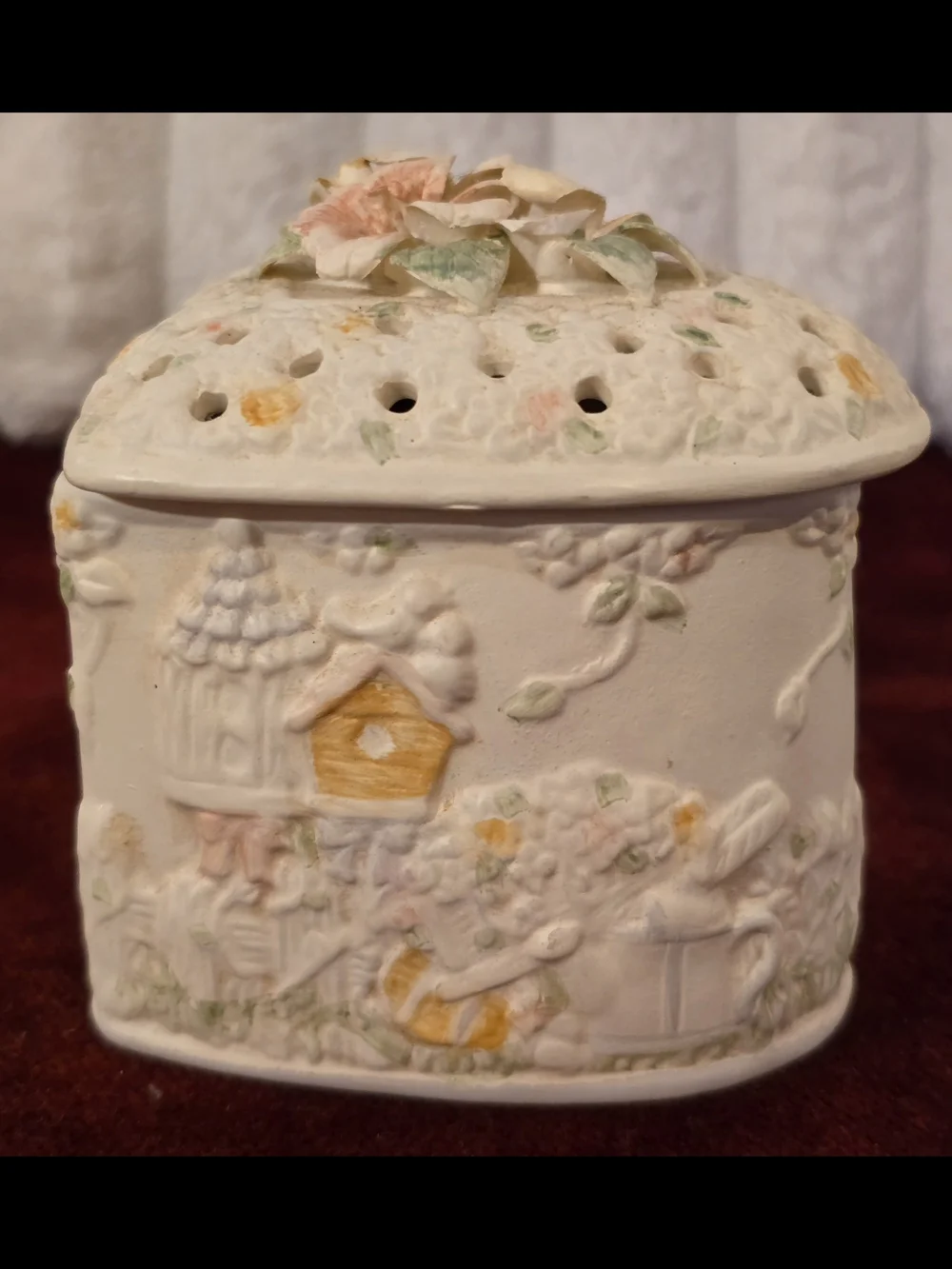 Vintage Cottagecore Bisque Porcelain Heart Shaped Trinket Box Scent Diffuser